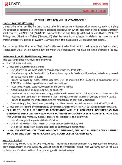 infinity 20 year warranty